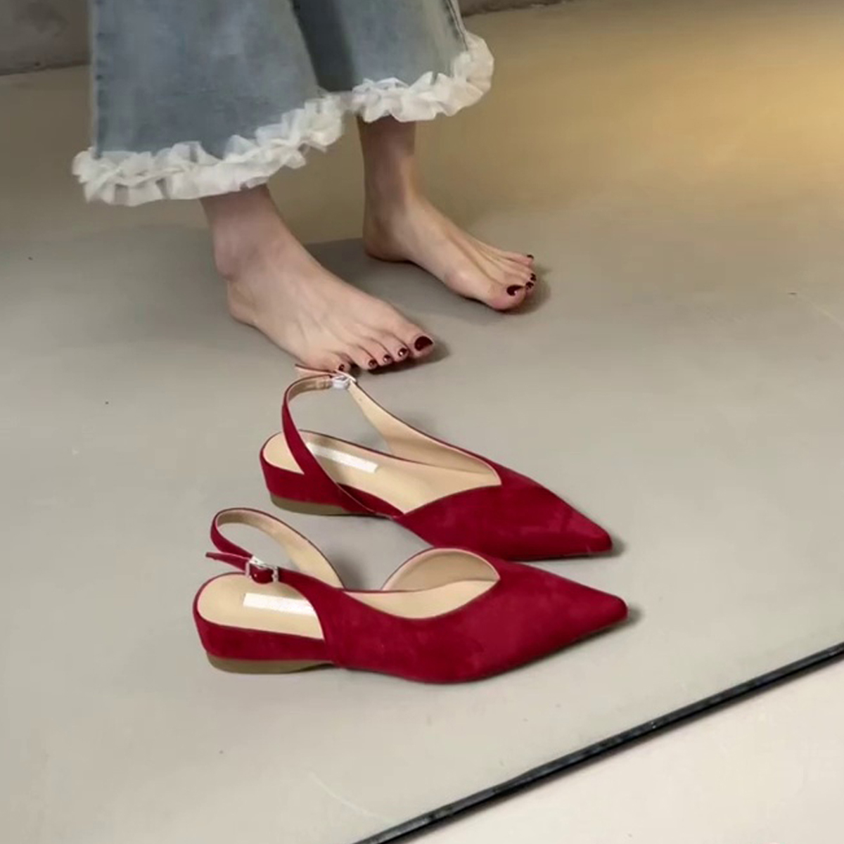 Pointed Toe Sheepskin Wedge Heeled Sandals for Women, French Minimalist Back Strap Evening Shoes, Commuter Flats