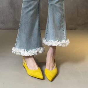 Pointed Toe Sheepskin Wedge Heeled Sandals for Women, French Minimalist Back Strap Evening Shoes, Commuter Flats