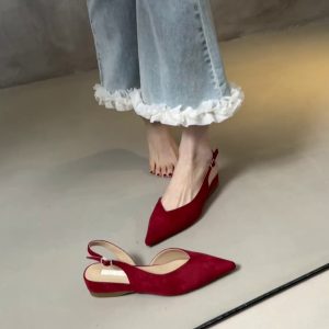 Pointed Toe Sheepskin Wedge Heeled Sandals for Women, French Minimalist Back Strap Evening Shoes, Commuter Flats