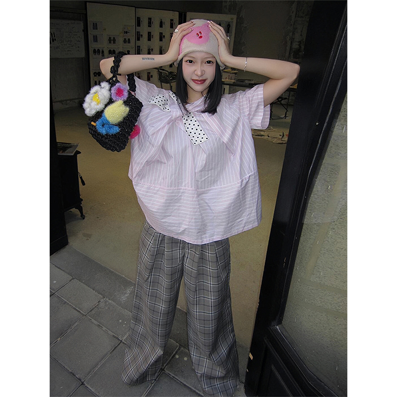 Polka Dot Bow Short Sleeve Shirt for Women - Pink Striped Blouse, French Sweet Top, Trendy Summer Fashion