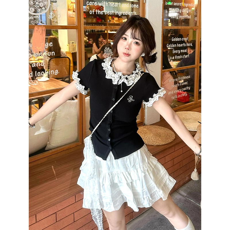 Polka Dot Spliced Black Knitted Short Sleeve Women's Summer Top - Fitted Slim College Style