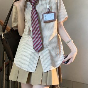 Pudding Bear Striped Long Sleeve JK Shirt Set for Women - Four-Piece Loose Short Sleeve Outfit, Cute Y2K Style