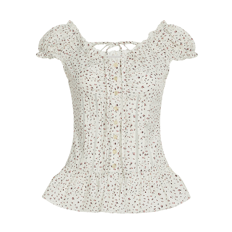 Puff Sleeve Lace-Trimmed Floral Shirt for Women - Cinched Waist Short Sleeve French Cardigan Style - Countryside Town Design