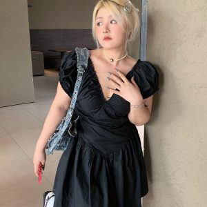 Pure Desire Light Mature Style Deep V-Neck Plus Size Super Slim High Waist Sexy Summer Dress for Women
