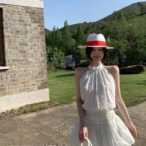 Pure White Magnolia Halter Neck Dress - Summer Waist-Defined French Sleeveless Short Dress for Effortless Chic Style