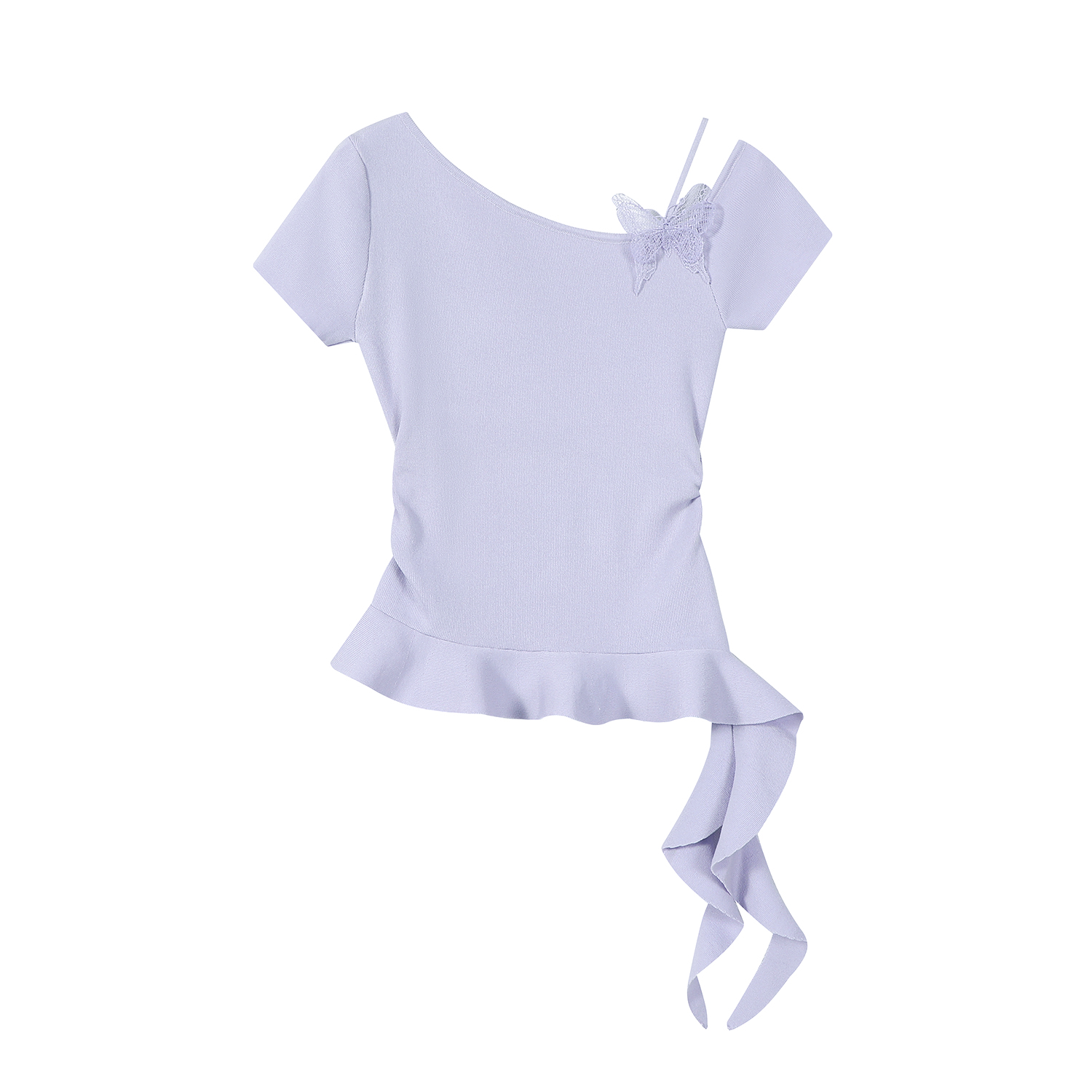 Purple 3D Butterfly Off-Shoulder Knit T-Shirt with Waist-Cinching Fit - Petite Summer Style