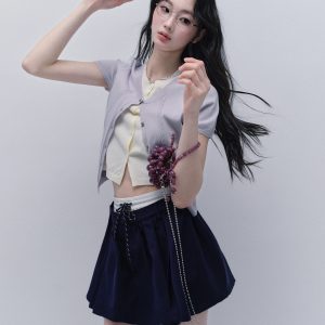 Purple Bellflower Fake Two-Piece Knitted Short Sleeve Top - Versatile Korean Style Cardigan for Effortless Y2K Fashion