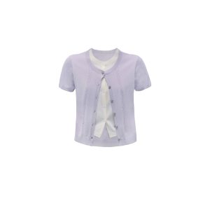 Purple Bellflower Fake Two-Piece Knitted Short Sleeve Top - Versatile Korean Style Cardigan for Effortless Y2K Fashion
