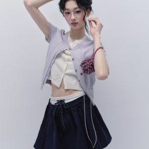 Purple Bellflower Fake Two-Piece Knitted Short Sleeve Top - Versatile Korean Style Cardigan for Effortless Y2K Fashion