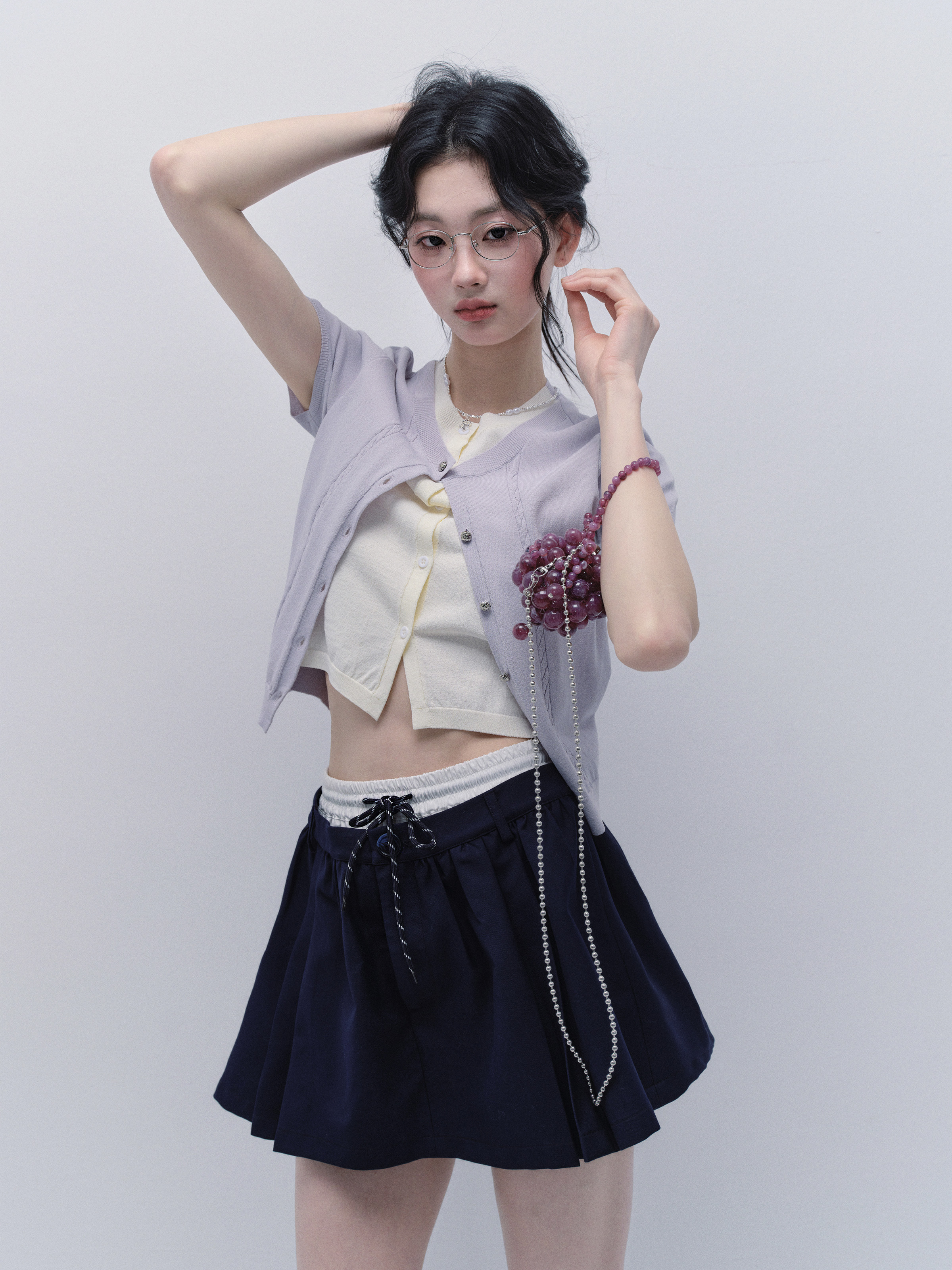 Purple Bellflower Fake Two-Piece Knitted Short Sleeve Top - Versatile Korean Style Cardigan for Effortless Y2K Fashion