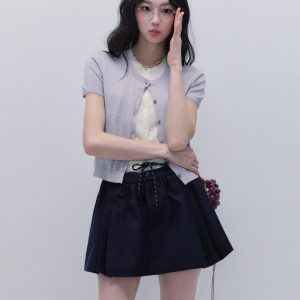 Purple Bellflower Fake Two-Piece Knitted Short Sleeve Top - Versatile Korean Style Cardigan for Effortless Y2K Fashion