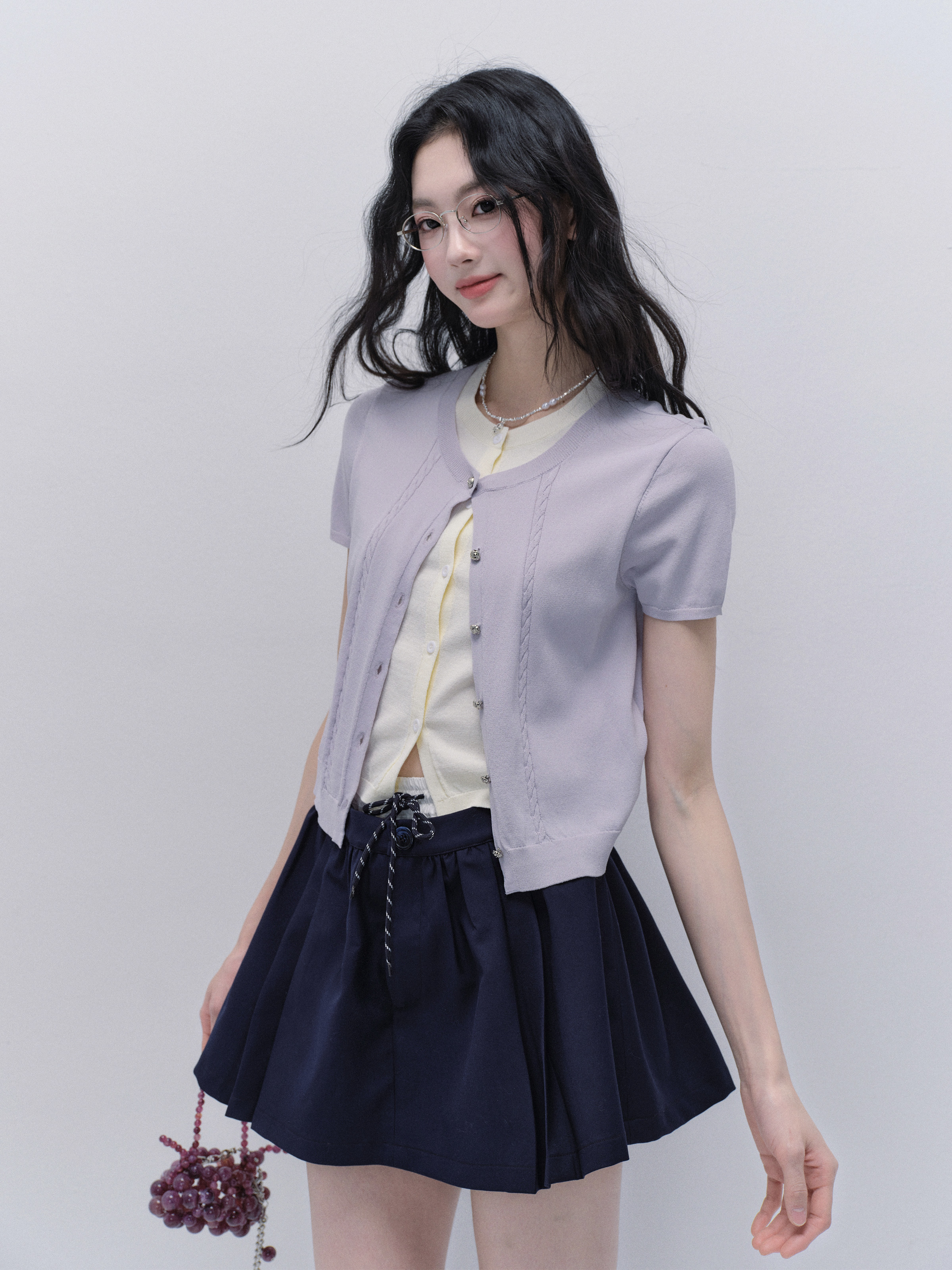 Purple Bellflower Fake Two-Piece Knitted Short Sleeve Top - Versatile Korean Style Cardigan for Effortless Y2K Fashion