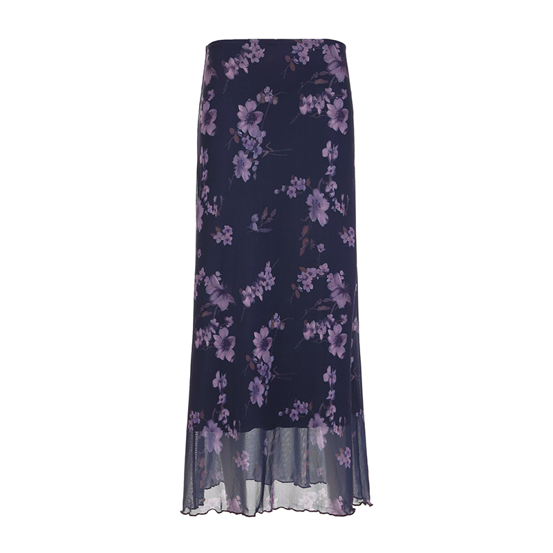 Purple Floral Mesh Long Skirt - Retro Chinese Style Low Waist Vintage Maxi Skirt for Women, Y2K Inspired Fashion