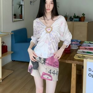 Purple Floral Patchwork V-Neck Knitted Short-Sleeve T-Shirt - Elastic Loose Fit Summer Top for Y2K and 90s Style
