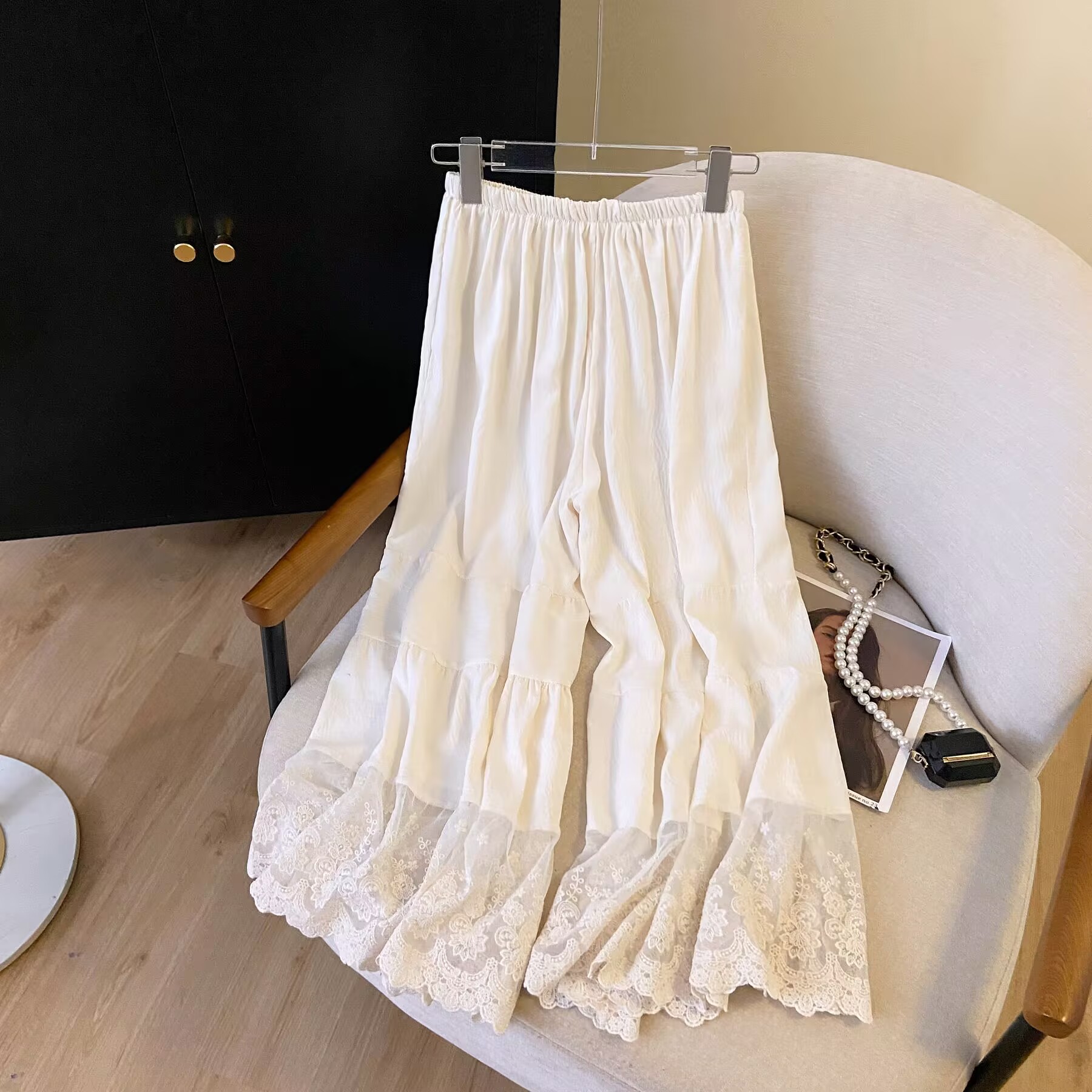 Qipao-Style Wide-Leg Leggings for Forest Girls, Japanese Fresh Style, Elastic Waist, Lace Trim, Cotton-Linen Spliced Pants