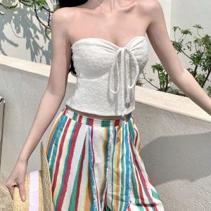 Rainbow Striped Wide-Leg Pants for Beach Vacation – Floor-Length Linen Pants with Sun Protection Cardigan in Lazy Style