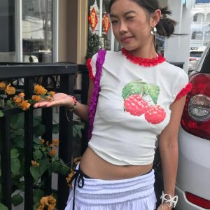 Raspberry Print Red Lace Trim Short Sleeve Top - Slim Fit Pure Cotton Women's Korean Style Fashion