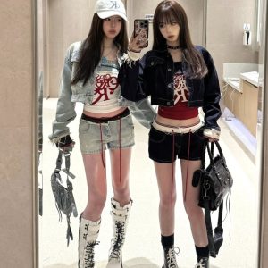 Rebellious Cowboy Vintage Heavy-Duty Denim Jacket, Tank Top & Casual Shorts Set for Women - Spring Fashion 90s Y2K Style