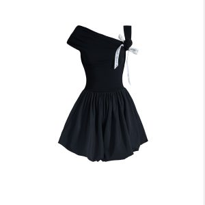 Rebellious Heiress French Banquet Rose Dress with Knitted Asymmetrical Puff Skirt - Vintage-Inspired Y2K Fashion Statement