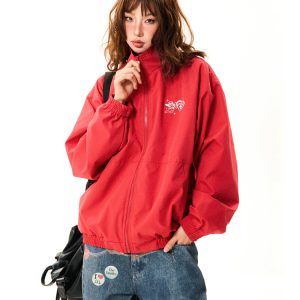 Red American Retro Letter Print Work Jacket for Women - Loose Fit Versatile Spring Jacket in Casual Style