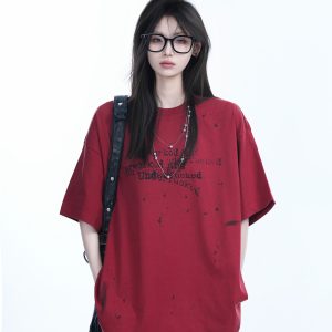 Red Ink Splash Design Short-Sleeve T-Shirt for Women - Trendy Summer Heavyweight Loose Fit, Casual Style