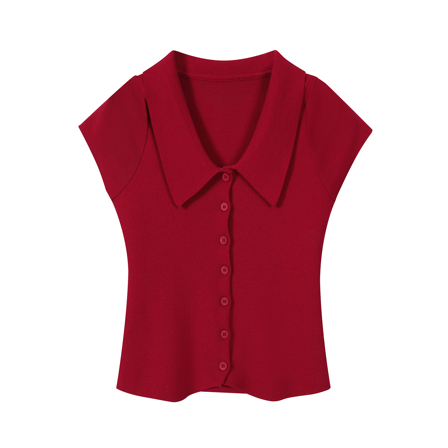 Red Knitted Short-Sleeve Polo Top with Flutter Sleeves, Stylish Women's Fitted Blouse for Casual or Dressy Looks