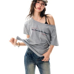 Red Off-Shoulder Short Sleeve T-Shirt for Women - Casual Spicy Girl Top, Versatile Summer 2025 Fashion, Y2K Style