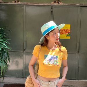 Red Printed Short Sleeve T-Shirt for Women - Vintage Summer Slim Fit Round Neck Top - Y2K Fashion Style