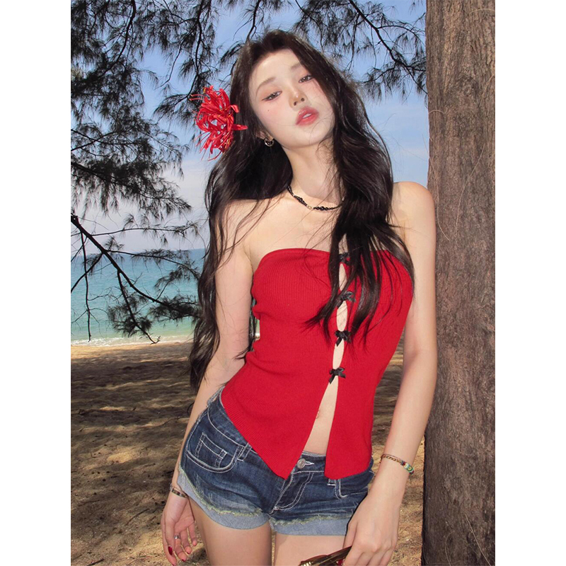 Red Strapless Top for Women - French Style Bow Hollow Design, Slim Fit, Trendy Spring Fashion