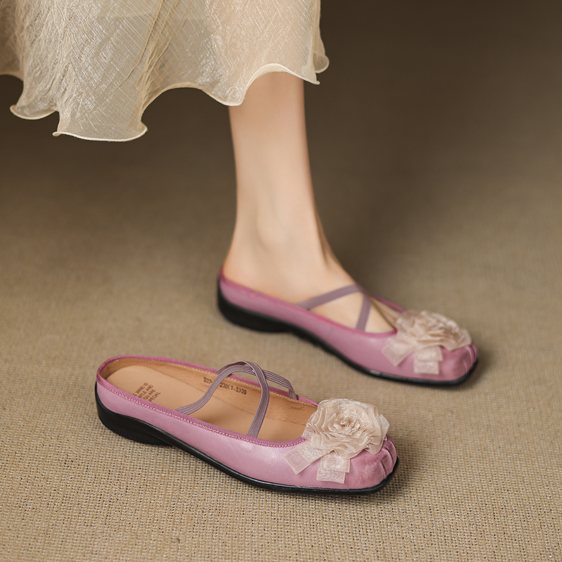 Retro Ballet Half Slippers for Women - Sweet Fashionable Slip-On Cross Strap Design for Outdoor Style