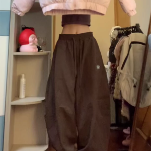 Retro Coffee-Colored Work Pants for Women - Loose Fit, Wide-Leg, Floor-Length Casual Trousers, American-Style, 90s Inspired