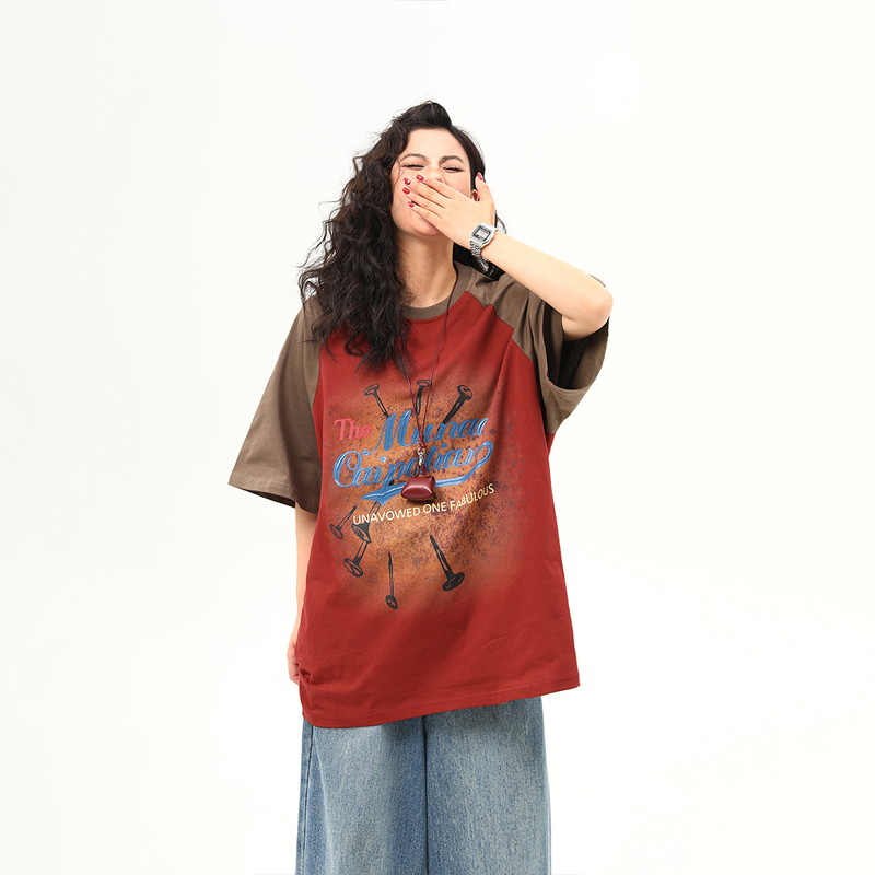 Retro Color-Blocking Raglan Short Sleeve T-Shirt for Women - American Style Summer Loose Tee