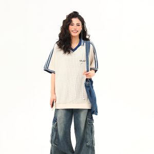 Retro Color-Blocking V-Neck Waffle Short Sleeve T-Shirt for Women, Versatile Couple's Top, Y2K Style
