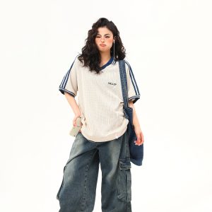 Retro Color-Blocking V-Neck Waffle Short Sleeve T-Shirt for Women, Versatile Couple's Top, Y2K Style
