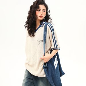 Retro Color-Blocking V-Neck Waffle Short Sleeve T-Shirt for Women, Versatile Couple's Top, Y2K Style