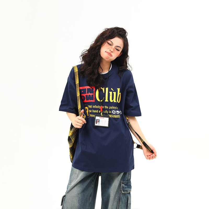 Retro Double Collar Letter Short-Sleeve T-Shirt for Men and Women, Pure Cotton Round Neck Couples Tee, Vintage American Style