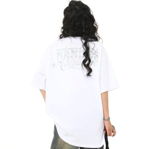 Retro Embroidered Letter Short-Sleeve T-Shirt for Men and Women, Oversized Couple Style, Vintage 90s American Fashion