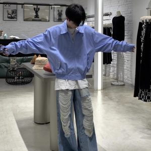 Retro Japanese-Style Blue Striped Shirt for Men - Autumn Loose Casual Shoulder-Padded Jacket, Trendy Y2K Fashion Essential