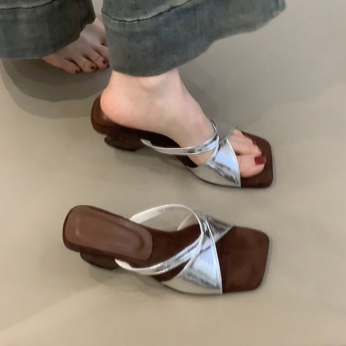 Retro Leopard Print Sheepskin High-Heeled One-Strap Wedge Sandals for Women - Summer Open-Toe Square Toe Footwear