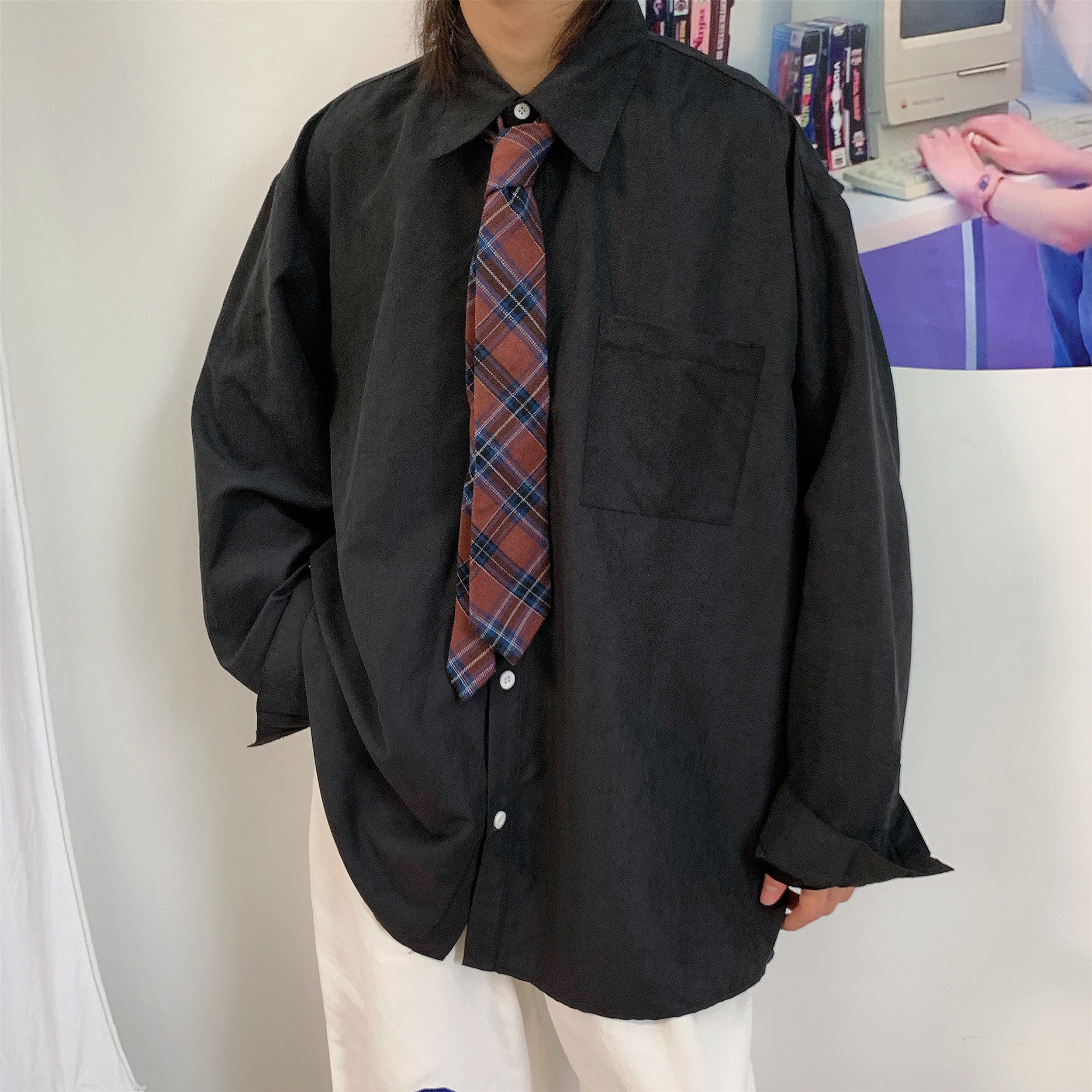Retro Long Sleeve Shirt for Couples - Oversized Hong Kong Style Casual Top for Spring & Autumn, Korean Fashion Inspired