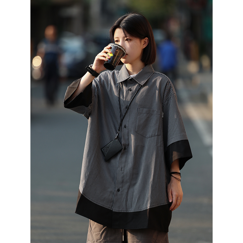 Retro Loose Short-Sleeve Men's Plaid Shirt - Two-Piece Splicing Japanese Style Summer Fashion