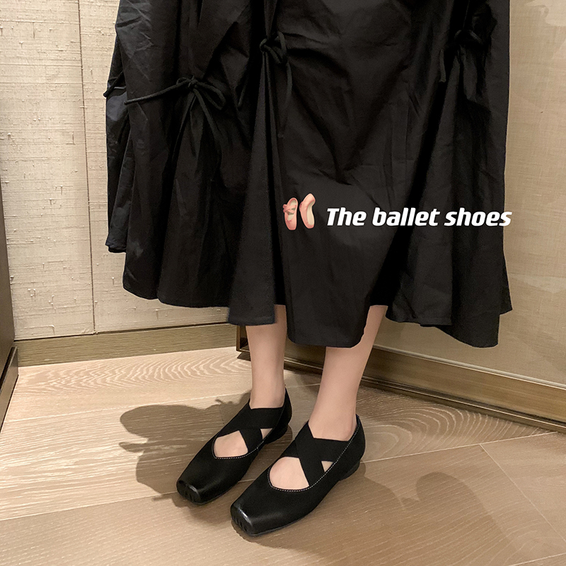 Retro Mary Jane Low-Heeled Ballet Shoes for Women, Cross Strap, Pig Nose, Square Toe, Shallow Mouth, Vintage Flat Footwear