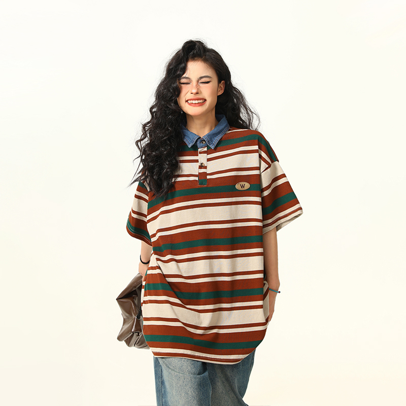 Retro Melard Striped Oversized Short Sleeve Summer T-Shirt for Women - Trendy American Style