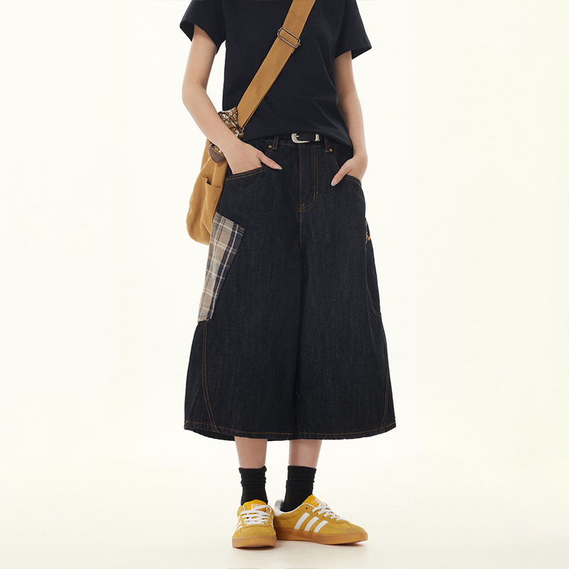 Retro Plaid Patchwork Cargo Cropped Denim Pants for Women - Loose Wide-Leg Black Jeans in 90s American Style