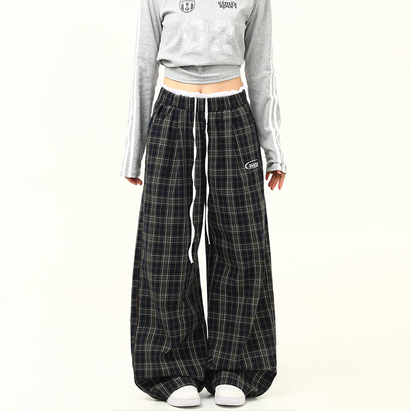 Retro Plaid Wide-Leg Double-Waist Casual Pants for Women - Loose Straight Floor-Length Trousers, Y2K Style