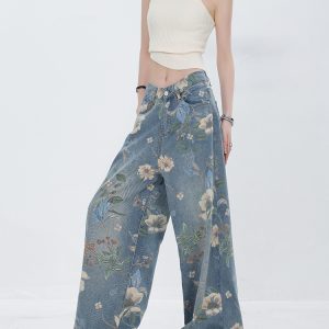 Retro Print Wide-Leg Jeans for Summer - Slimming Design, May Day Fashion Festival Style, Trendy 90s Inspired Look