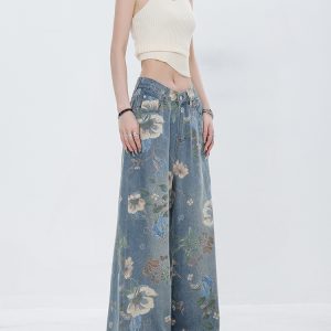 Retro Print Wide-Leg Jeans for Summer - Slimming Design, May Day Fashion Festival Style, Trendy 90s Inspired Look