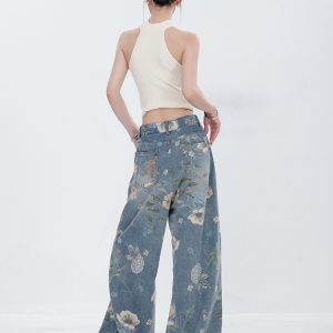 Retro Print Wide-Leg Jeans for Summer - Slimming Design, May Day Fashion Festival Style, Trendy 90s Inspired Look