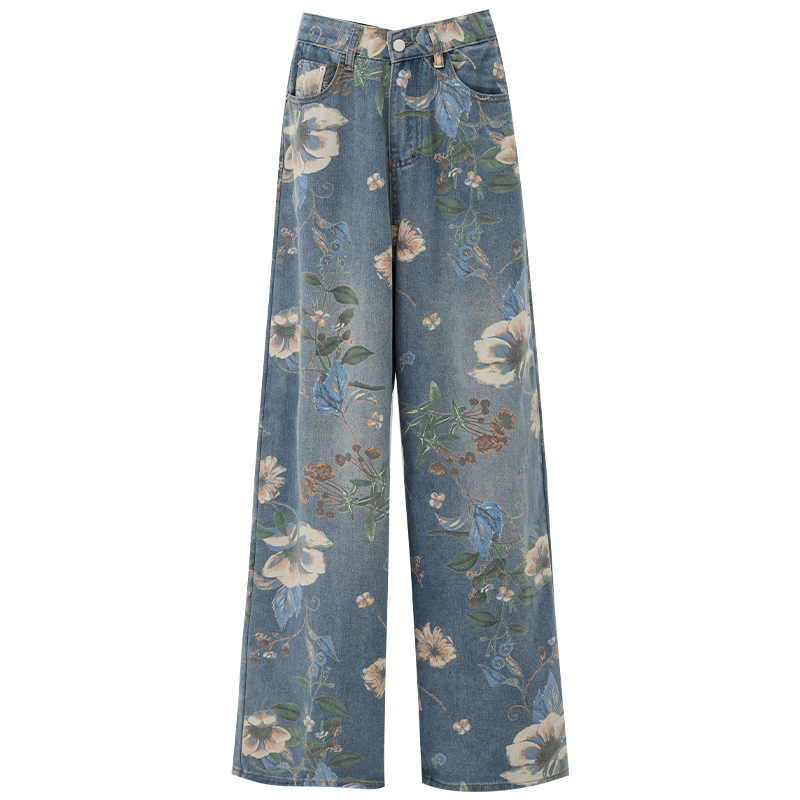 Retro Printed Wide-Leg Jeans for Women - Early Spring 2025 Fashion Trend, Vintage Style, Y2K Inspired, Casual Chic