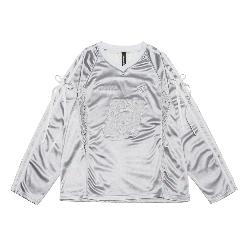 Retro Revival American Lace Bow Long Sleeve T-Shirt - Women's Jersey Sports Style Satin Top for Y2K Fashion
